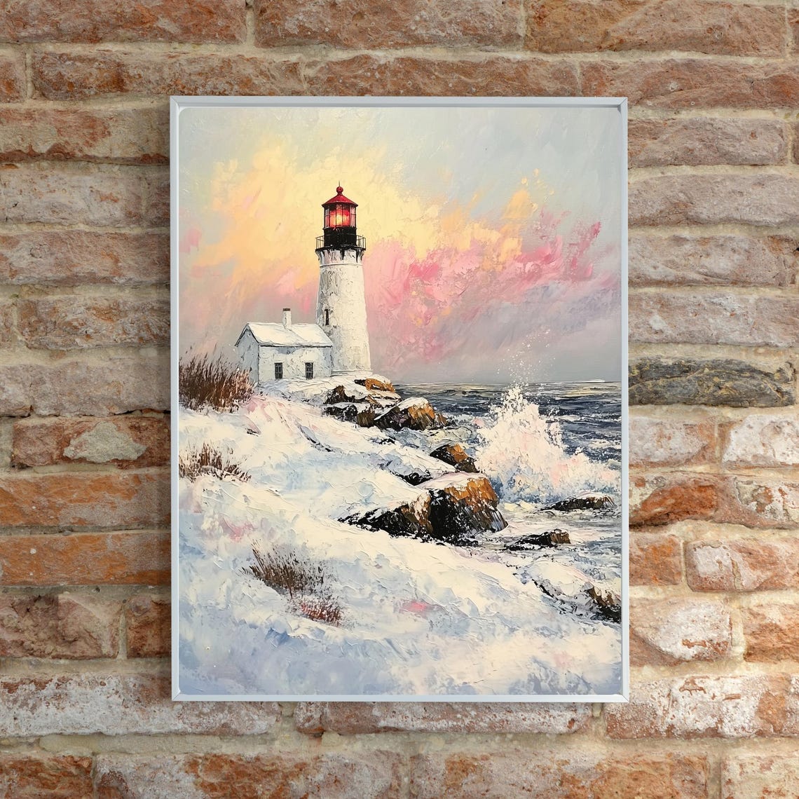 Winter Lighthouse Art New England Coastal Painting Snowy Scene Print Ocean Waves Wall Decor Coastal Lighthouse Art Matte Print - Image 4