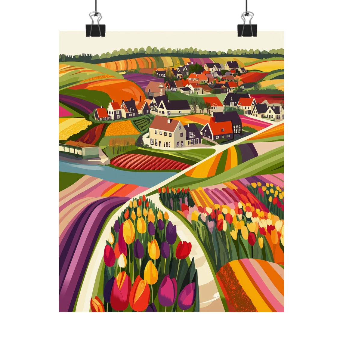 Dutch Tulip Fields Colorful Countryside Village Landscape Poster