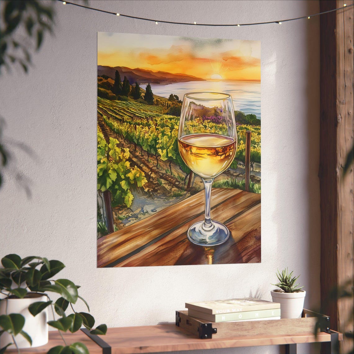 White Wine Glass Above Vineyard Rows at a Coastal Sunset Poster - Image 6