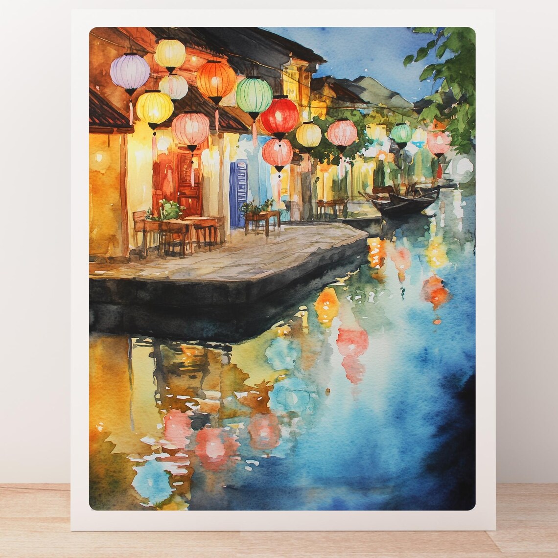 Hoi An Riverside Lantern Night Market Scene Watercolor Poster - Image 5