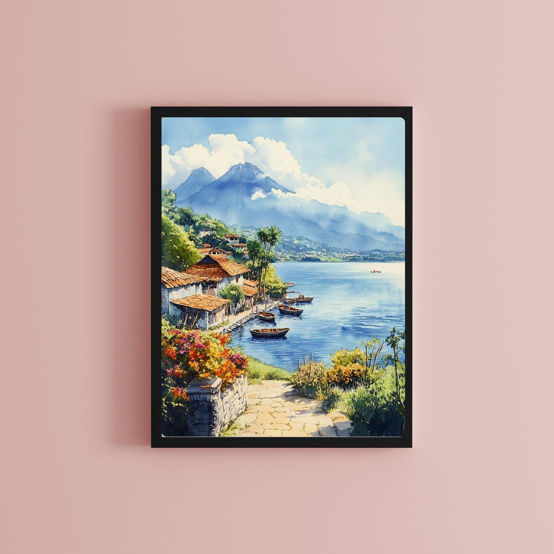 Lake Atitlan Watercolor Art Guatemala Poster Rainforest Landscape Wall Print Mayan Village Decor Lake Atitln Painting Art - Image 3