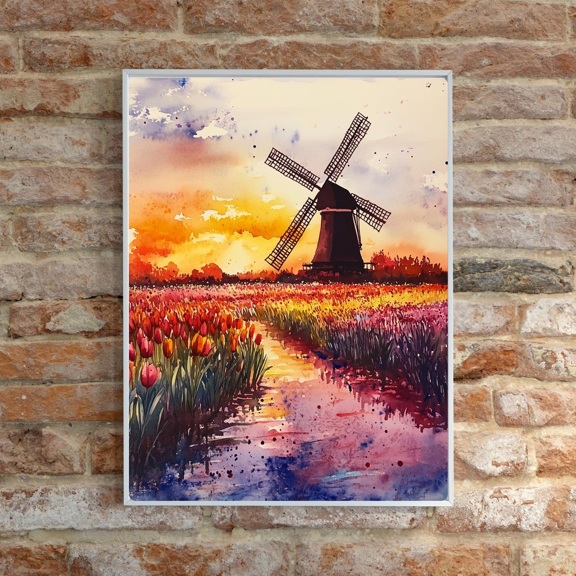 Dutch Windmill Sunset Over Colorful Tulip Fields Watercolor Poster - Image 4