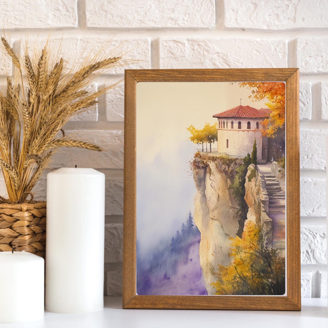 Cliffside Monastery Chapel in Golden Autumn Mist Watercolor Poster - Image 2