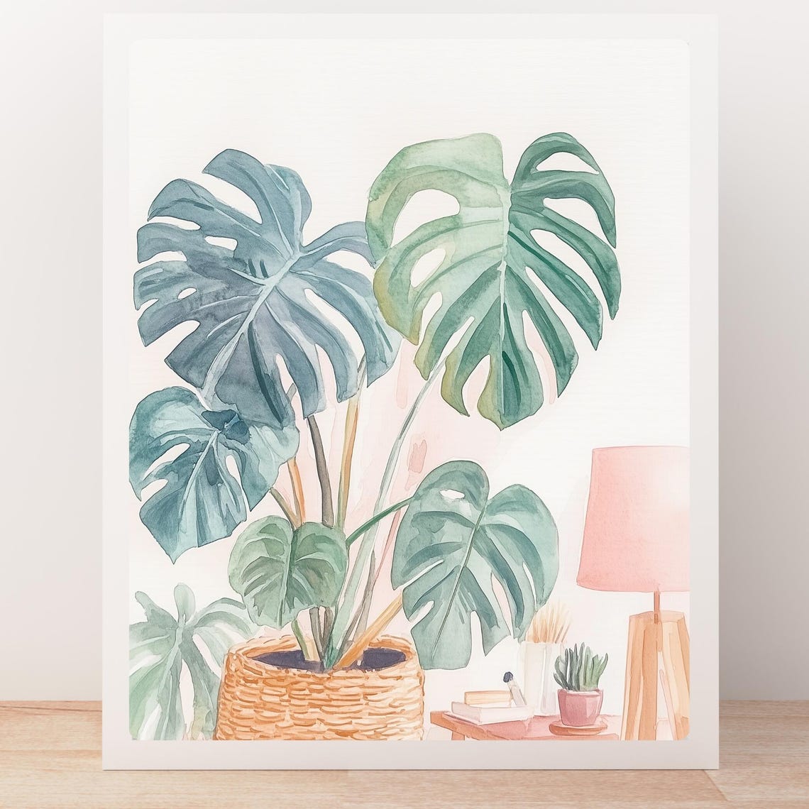 Blush Watercolor Monstera Plant in a Woven Wicker Basket Print - Image 5