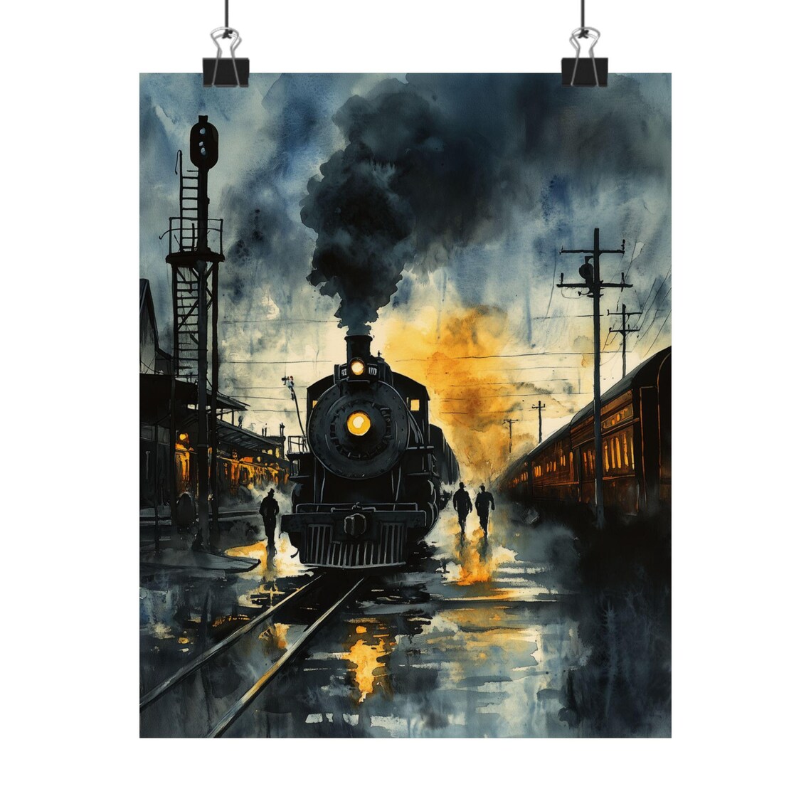 Steam Locomotive Departing a Rainy Night Railway Station Poster