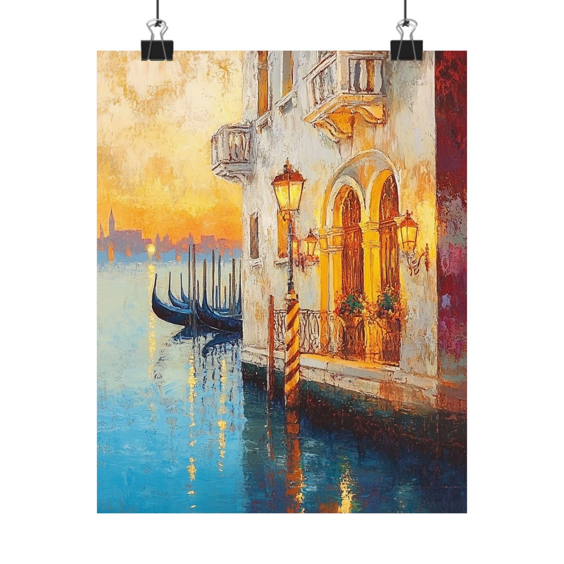 Venice Grand Canal Evening Palazzo Gondolas Lamplight Water Poster
