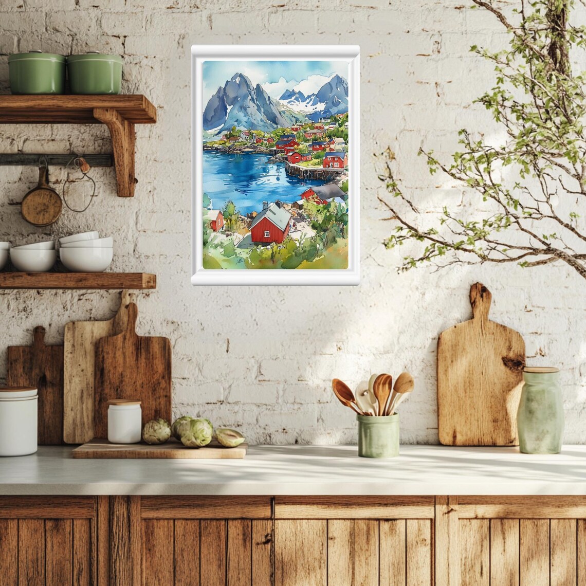 Reine Norway Lofoten Islands Red Cabins Fjord Watercolor Poster - Image 2