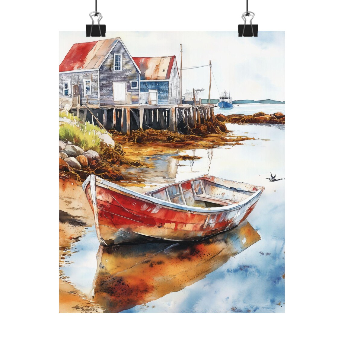 Fishing Village Watercolor Coastal Scene Art Print