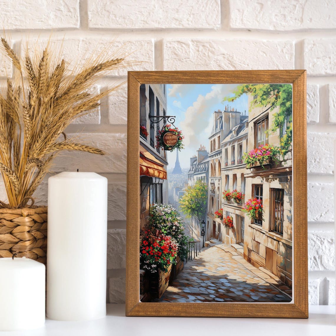 Parisian Cobblestone Street with Eiffel Tower View Flower Shops Poster - Image 3