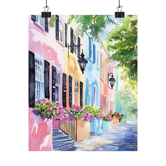 Rainbow Row Charleston Art Print South Carolina Watercolor Historic Downtown House Painting Southern Architecture Wall Art