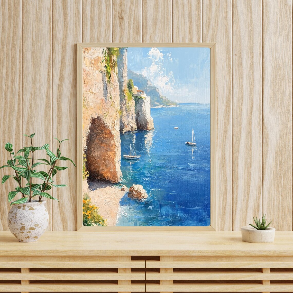 Amalfi Coast Italian Riviera Hidden Cove Sailboats Sunlit Oil Poster - Image 4