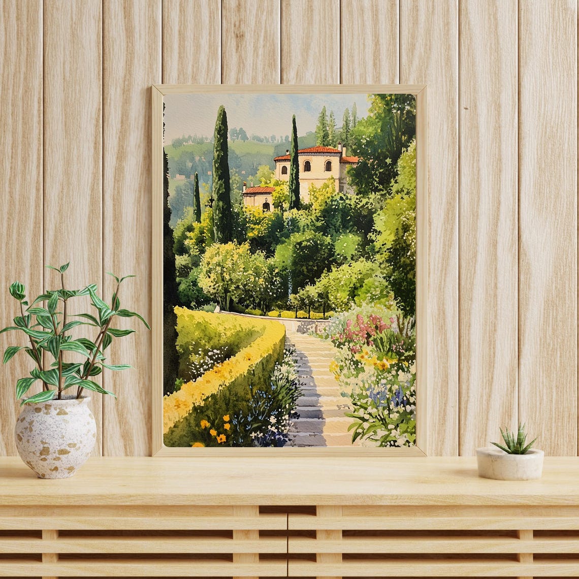 Italian Villa Hillside Garden Stone Steps Cypress Watercolor Poster - Image 3