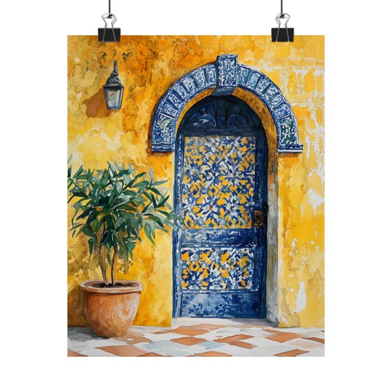 Moroccan Doorway Art Print Colorful Gouache Painting Mediterranean Architecture Wall Decor Travel To Morocco Art Yellow Decor