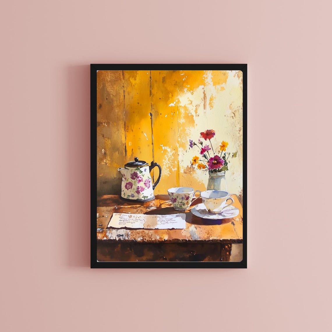 Vintage Floral Teapot and Teacups Still Life on Wood Table Print - Image 2