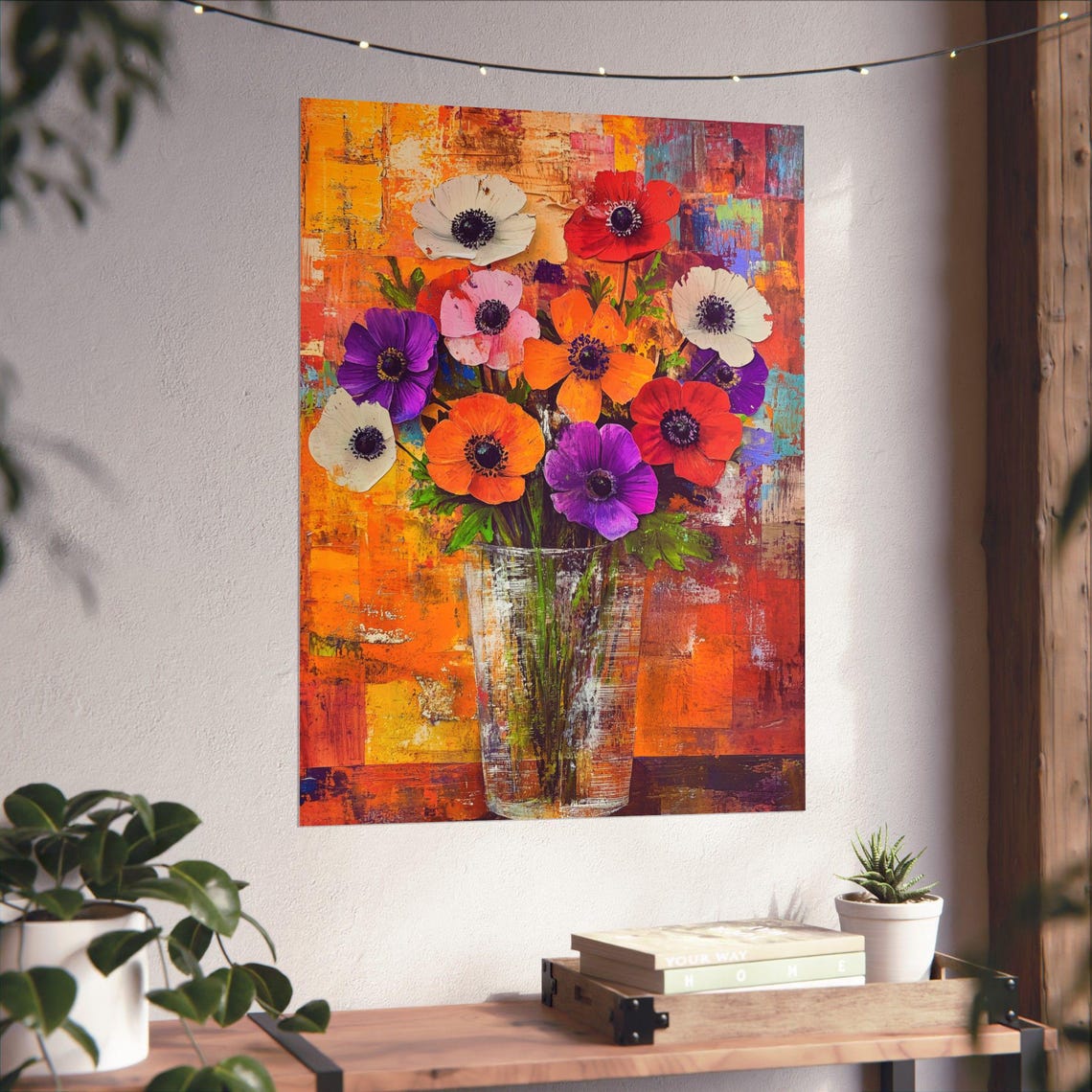 Colorful Anemone Bouquet in Glass Vase Textured Still Life Poster - Image 6