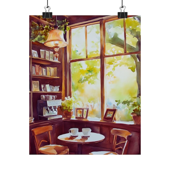 Cozy Coffee Shop Watercolor Art Print Cafe Interior Painting Relaxing Window View Bistro Wall Decor Coffee Lover Gift