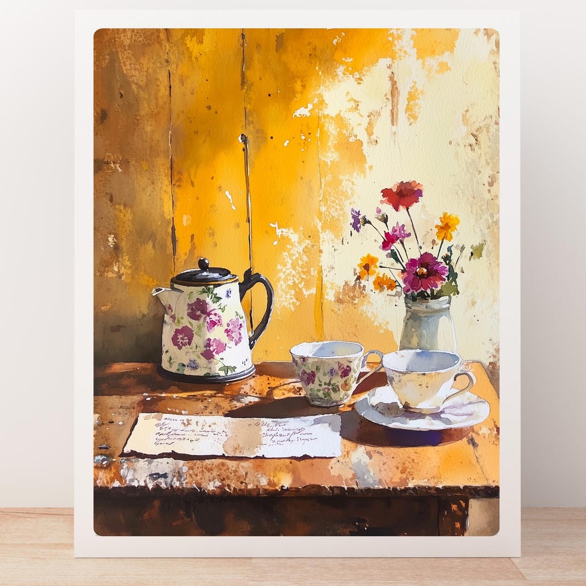 Vintage Floral Teapot and Teacups Still Life on Wood Table Print - Image 5