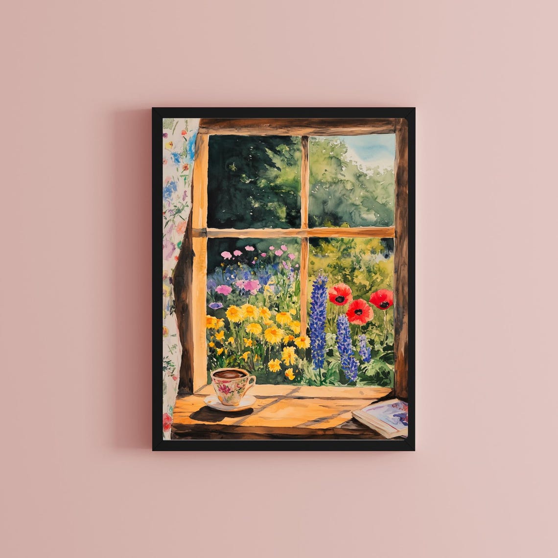 Flower Garden Window with a Coffee Cup and an Open Book Print - Image 2