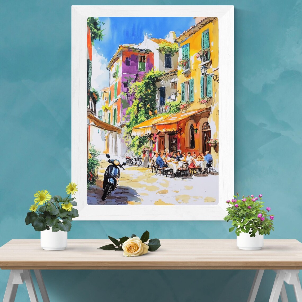 Italian Pizzeria Square Colorful Vespa Street Gouache Poster - Image 2