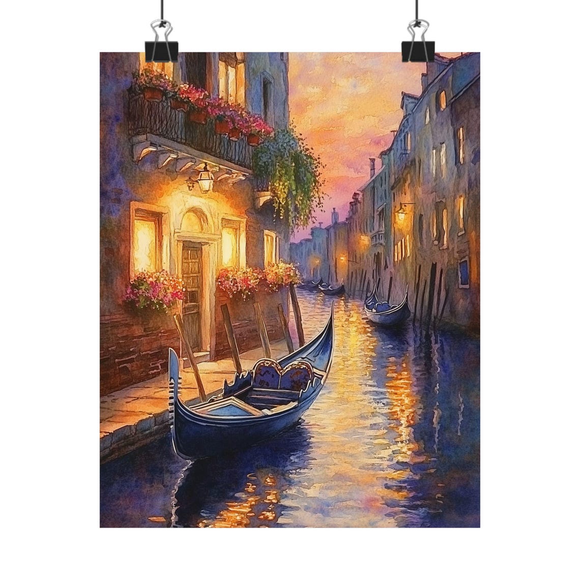 Romantic Venice Canal Gondola at Twilight Warm Watercolor Poster