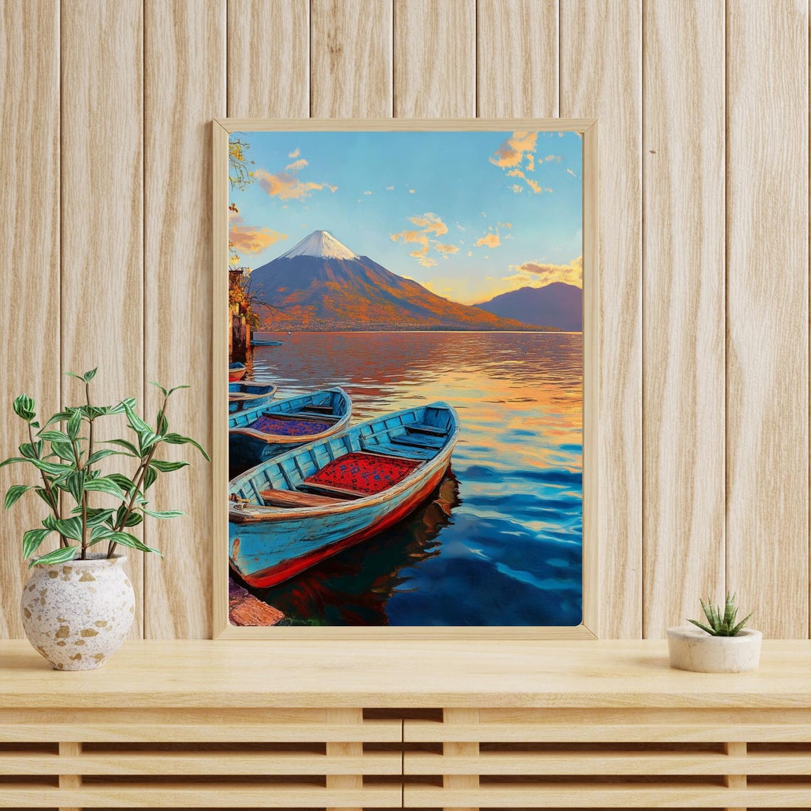 Lake Atitlan Wooden Canoes at Sunset Beneath the Volcano Poster - Image 4
