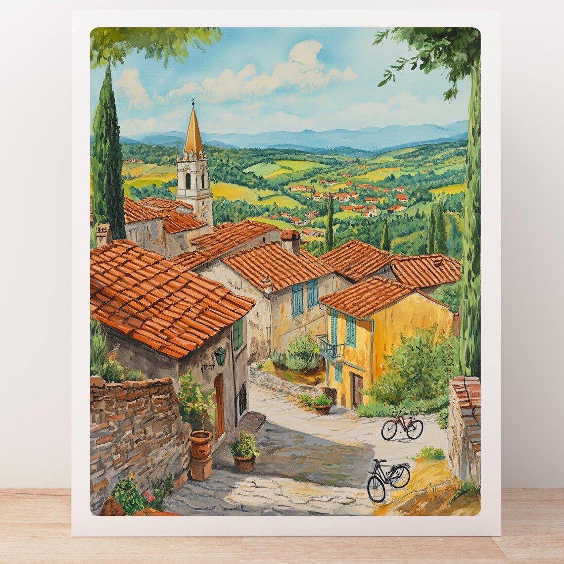 Tuscany Village Bell Tower Bicycles Cypress Trees Italy Poster - Image 5