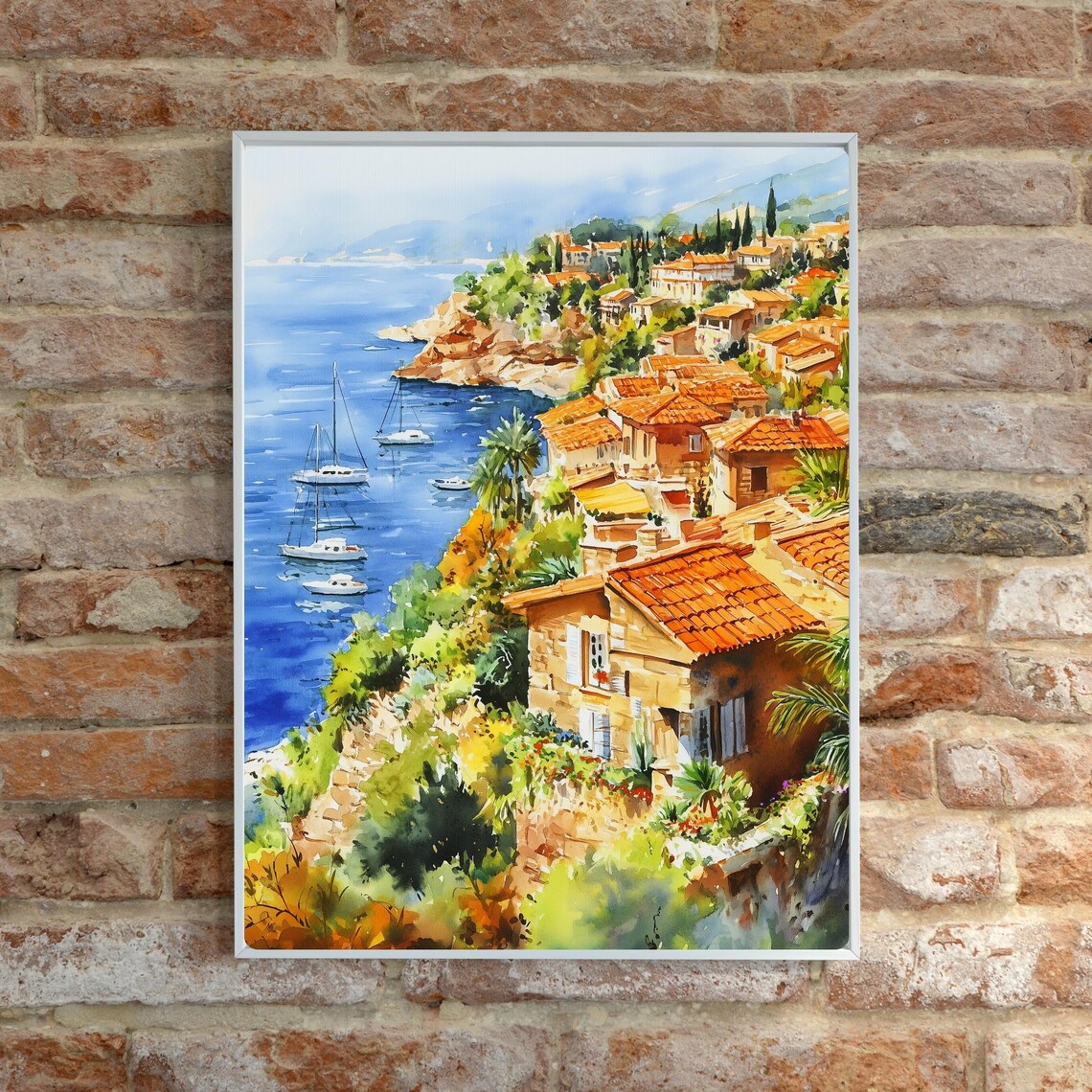 French Riviera Coastal Village with Sailboats Watercolor Poster - Image 5