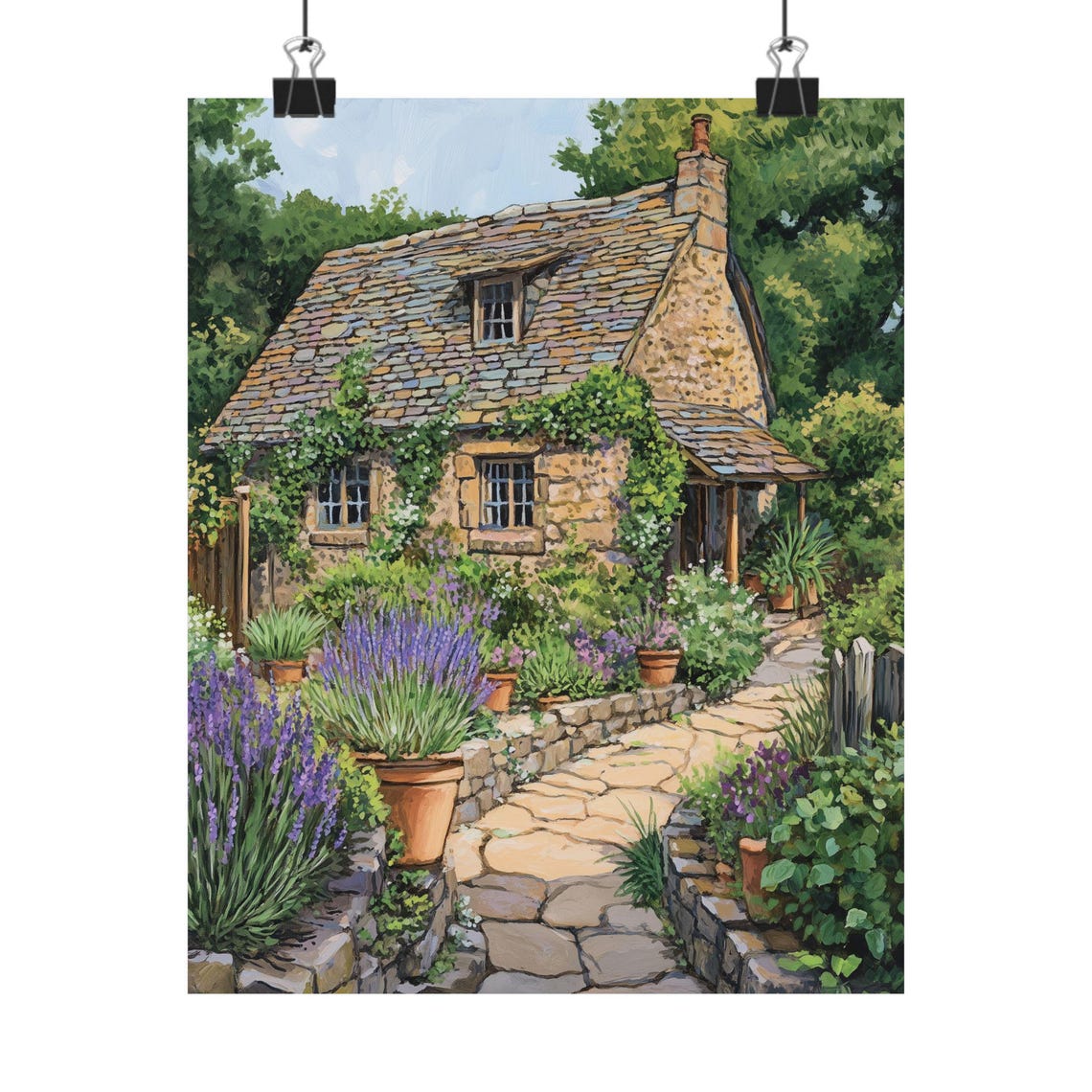 Charming Stone Cottage with Lavender Garden Path and Pots Poster