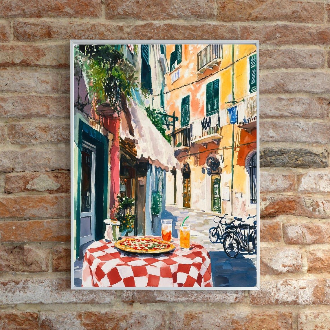 Naples Trattoria Pizza Served on a Checkered Tablecloth Print - Image 6