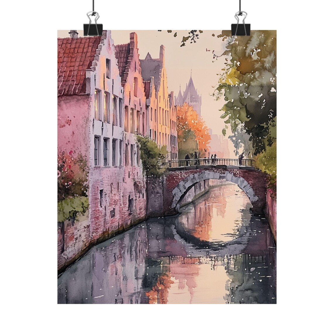 Bruges Belgium Dawn Canal Medieval Bridge Row Houses Watercolor Poster