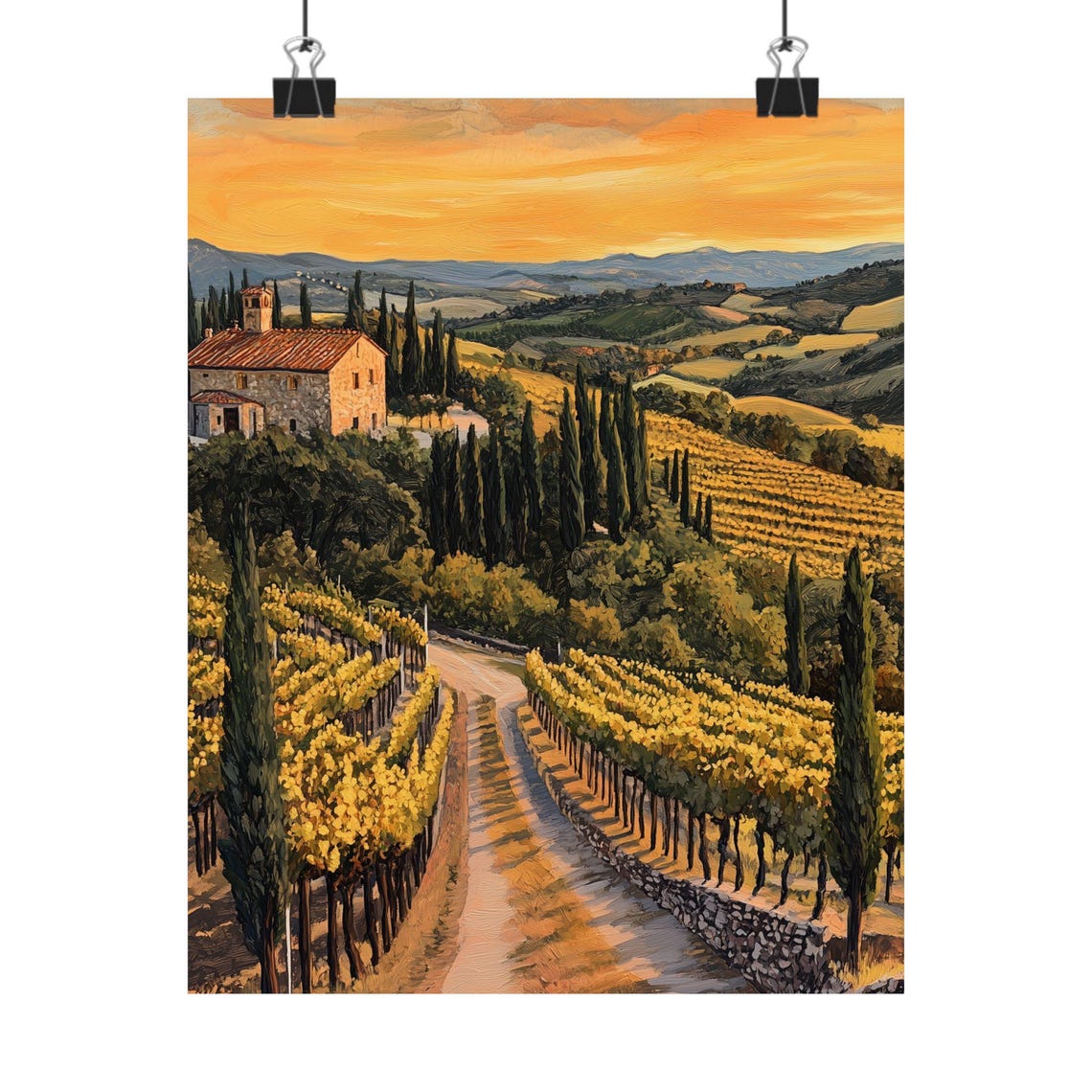 Tuscan Vineyard at Sunset with Cypress Trees and Farmhouse Poster