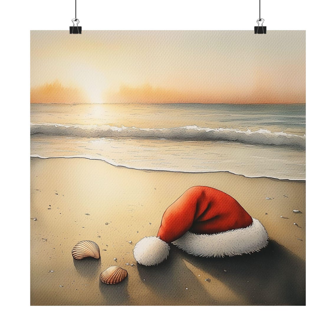 Santa Hat on Beach at Sunrise with Seashells Watercolor Poster - Image 4