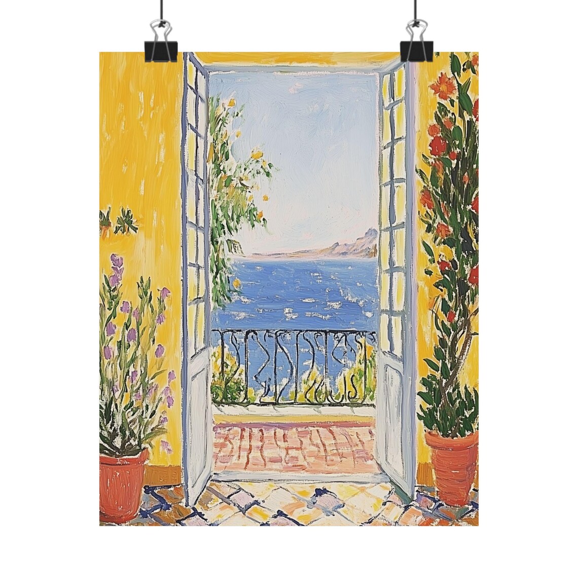Sunlit Yellow Balcony Doors Opening to the Mediterranean Sea Poster