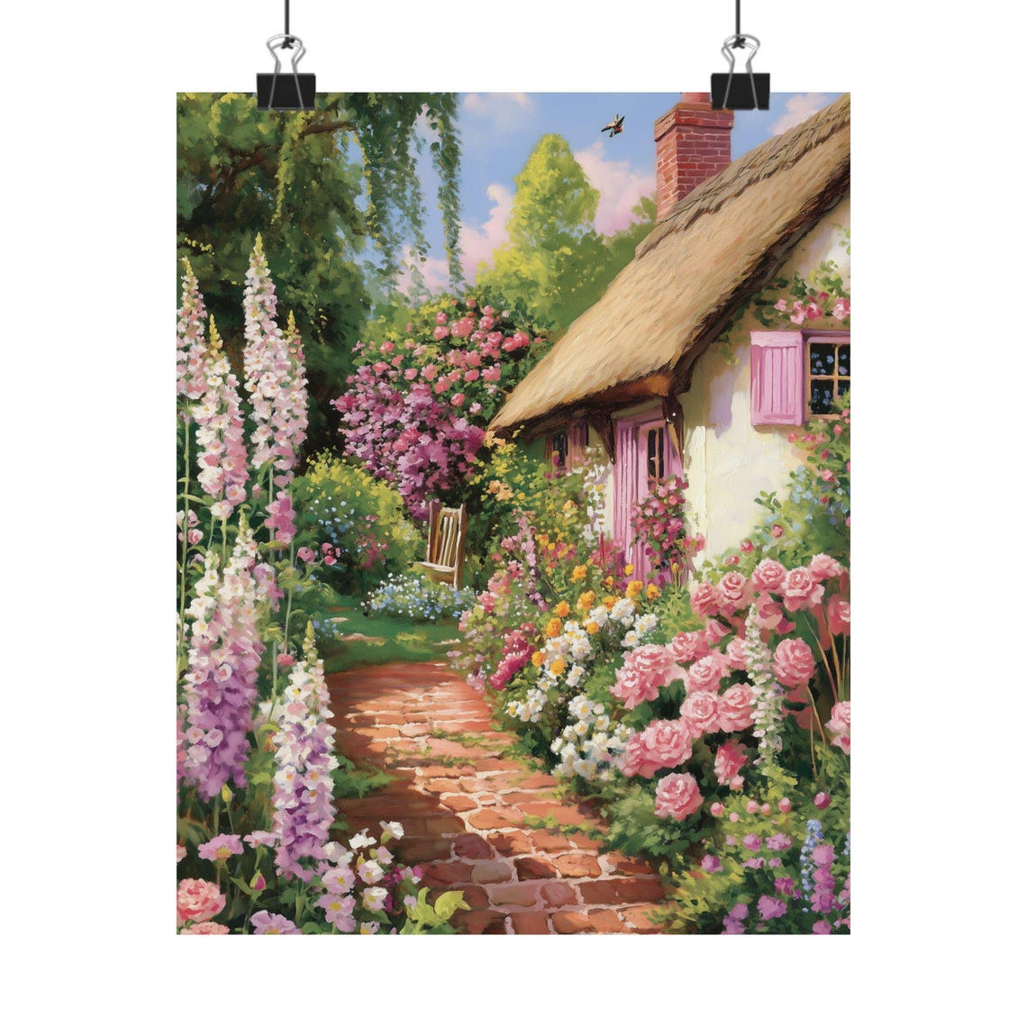 Thatched Cottage Brick Path Foxgloves Roses Country Garden Print