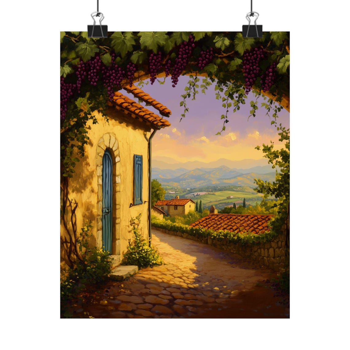 Tuscan Grape Pergola Walkway Above the Village at Sunset Poster