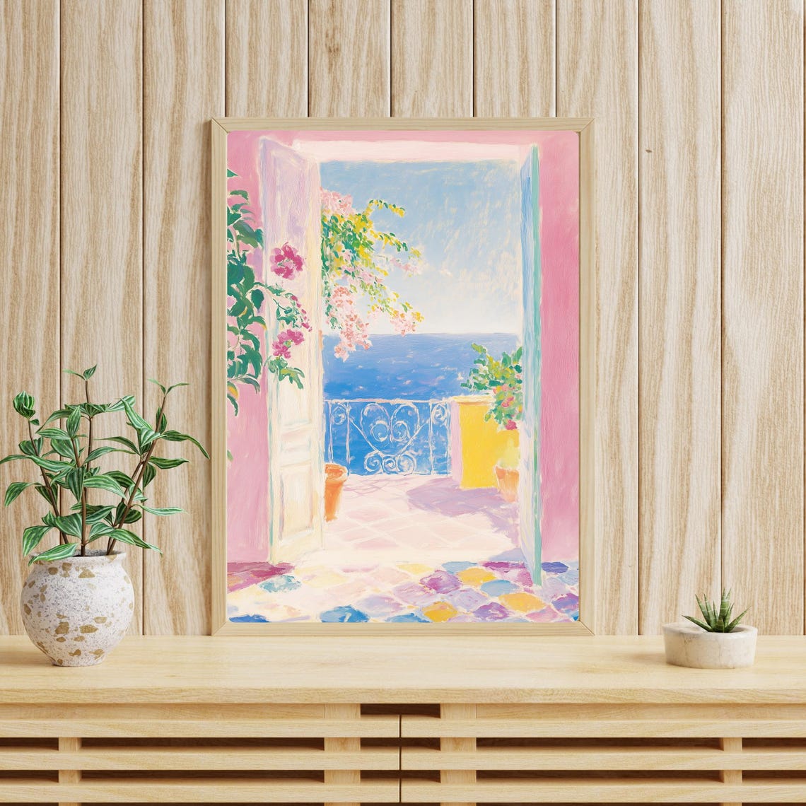Pink Mediterranean Balcony Overlooking Sea Bougainvillea Poster - Image 4
