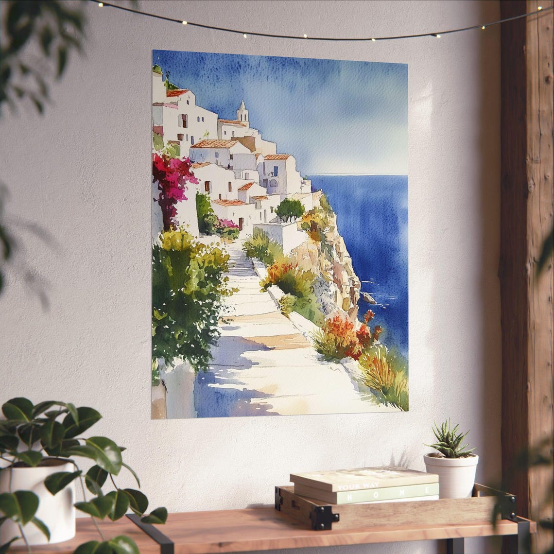 Whitewashed Cliffside Village Bougainvillea Mediterranean Poster - Image 4