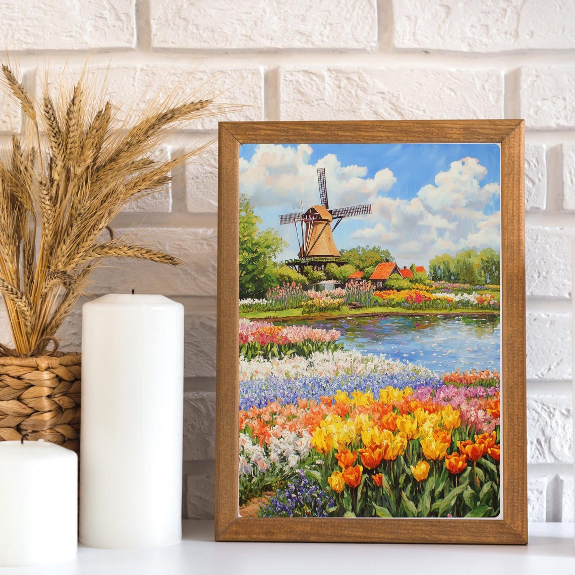 Keukenhof Dutch Windmill Over Tulip Fields by the River Poster - Image 3