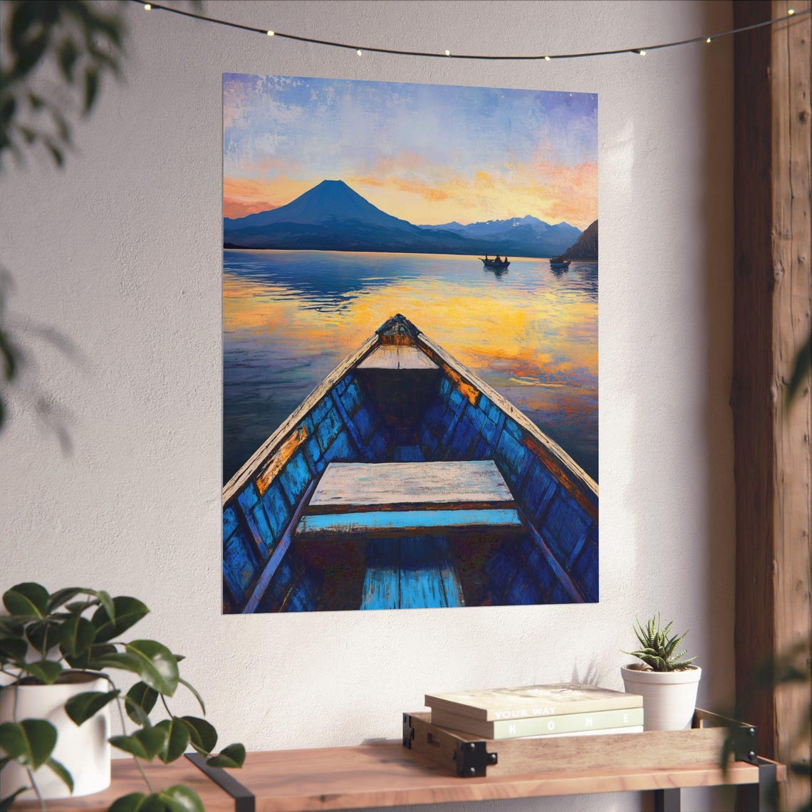Lake Atitlan Sunrise View from a Blue Boat Toward the Volcano Poster - Image 6