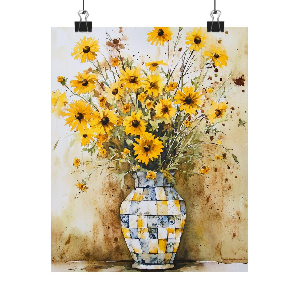 Yellow Daisy Bouquet in Checkered Blue Yellow Vase Watercolor Poster