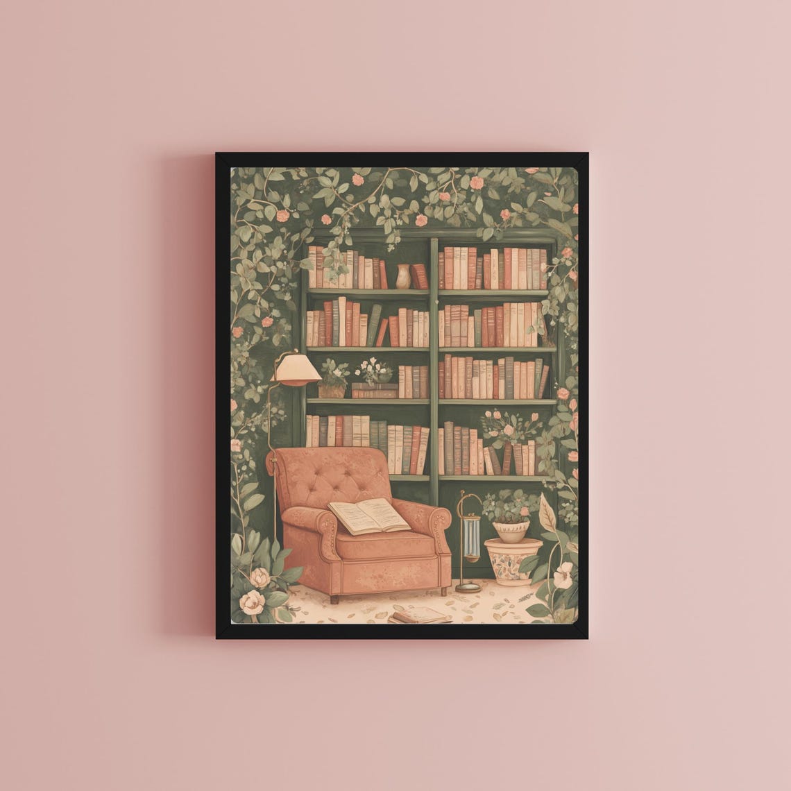 Floral Library with a Pink Armchair Wrapped in Rose Vines Print - Image 2