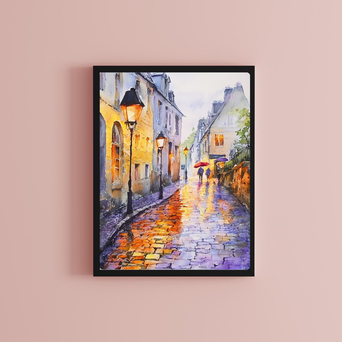 Rainy European Cobblestone Street Lamp Glow Watercolor Poster - Image 2