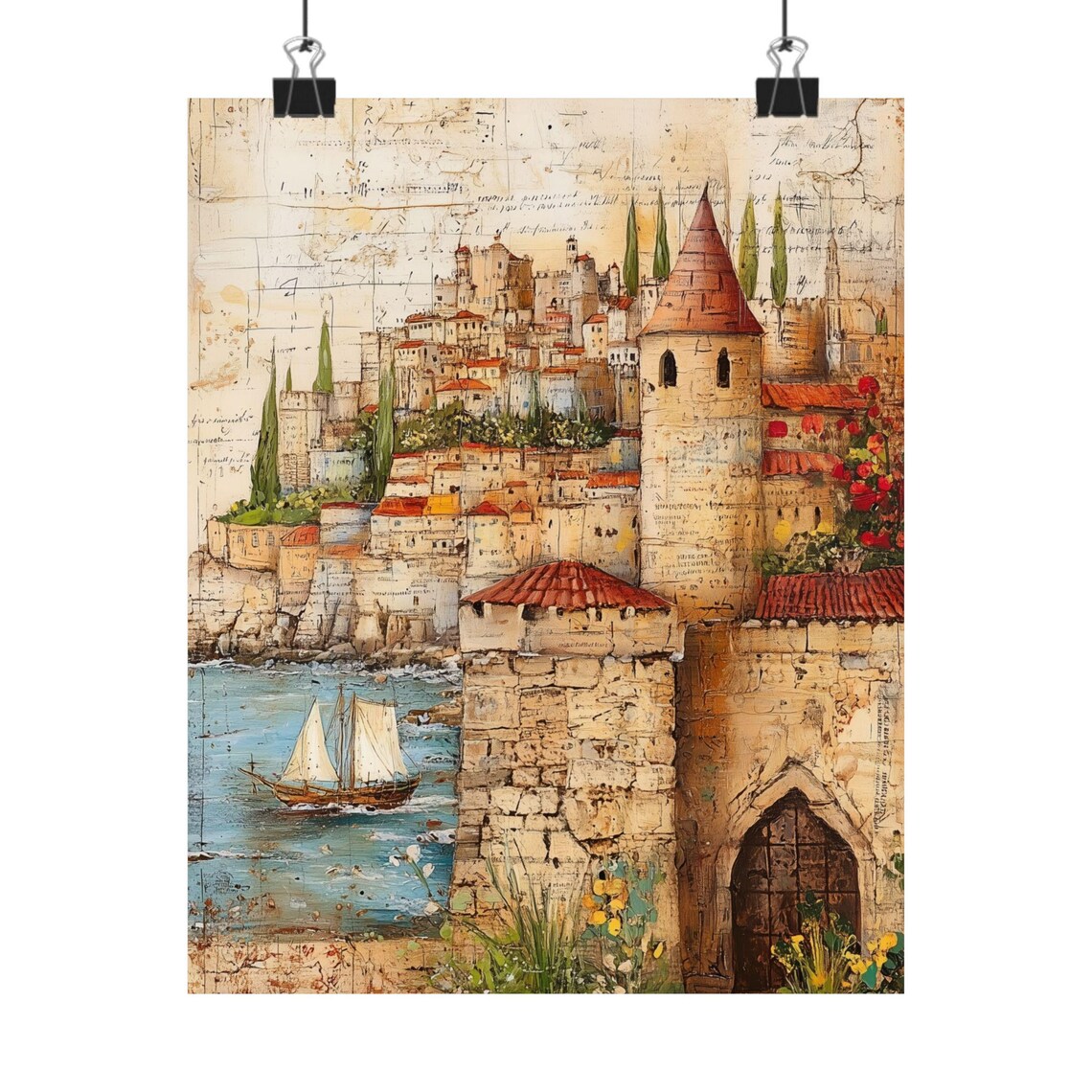 Rhodes Greece Medieval Castle Fortress Coastal Sailboat Vintage Poster