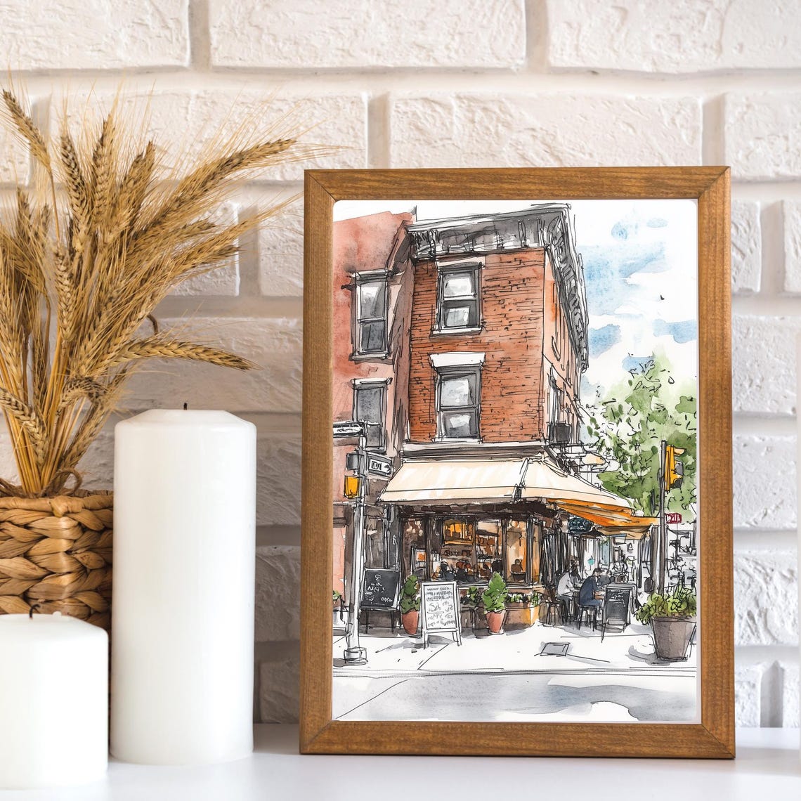 Brick Corner Coffee Shop Bustling Urban Street Sketch Poster - Image 3