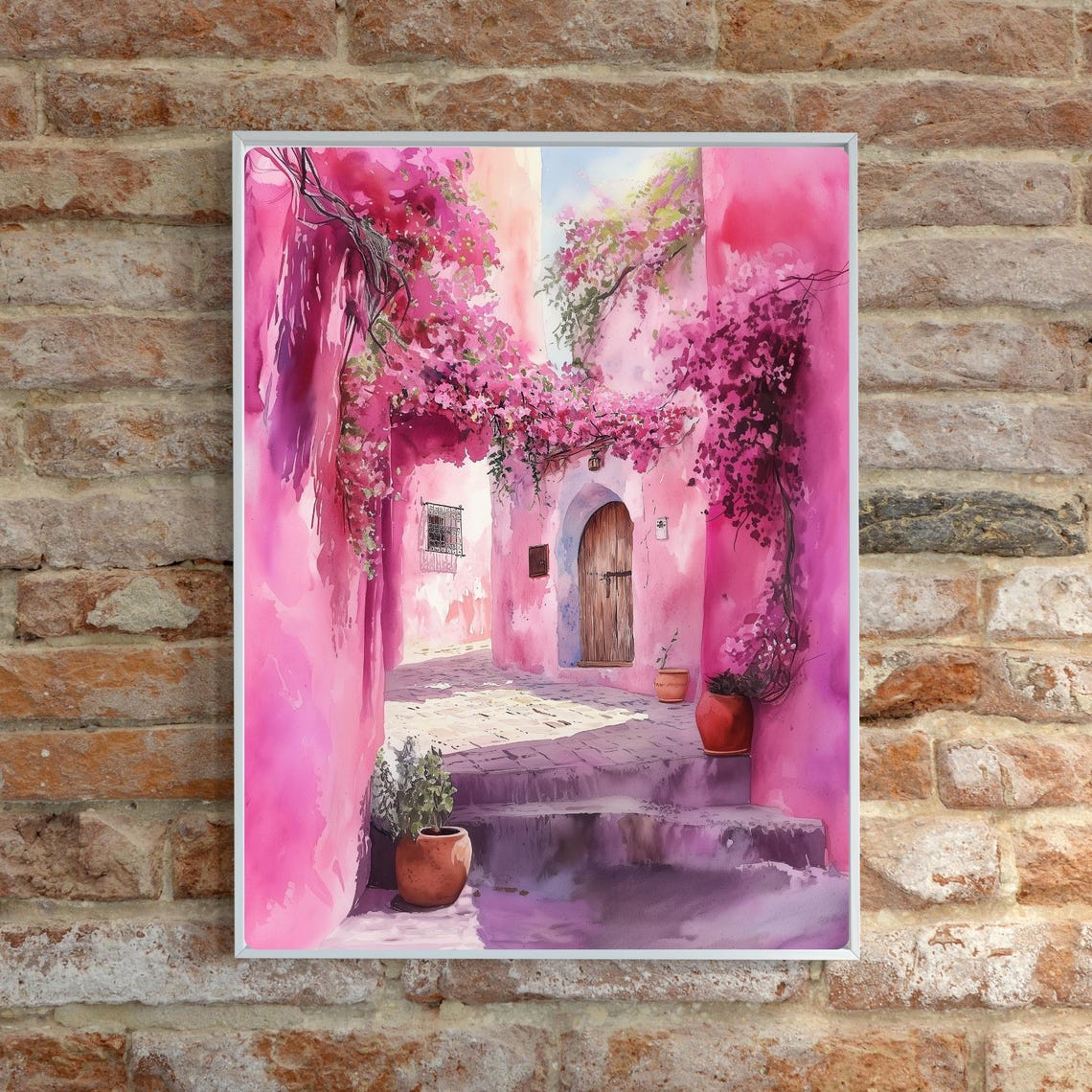 Pink Alleyway Art Print Colorful Watercolor Painting Mediterranean Architecture Wall Decor Floral Street Scene Art Exotic Print - Image 6