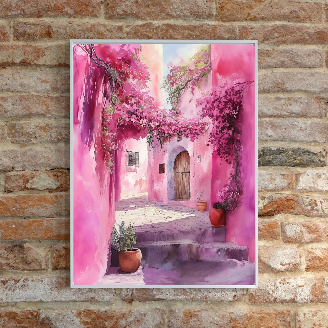 Pink Alleyway Bougainvillea Watercolor Mediterranean Street Poster - Image 6