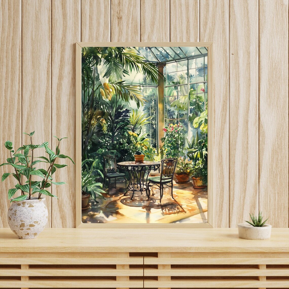 Sunlit Greenhouse Conservatory with Table Chairs Watercolor Poster - Image 4