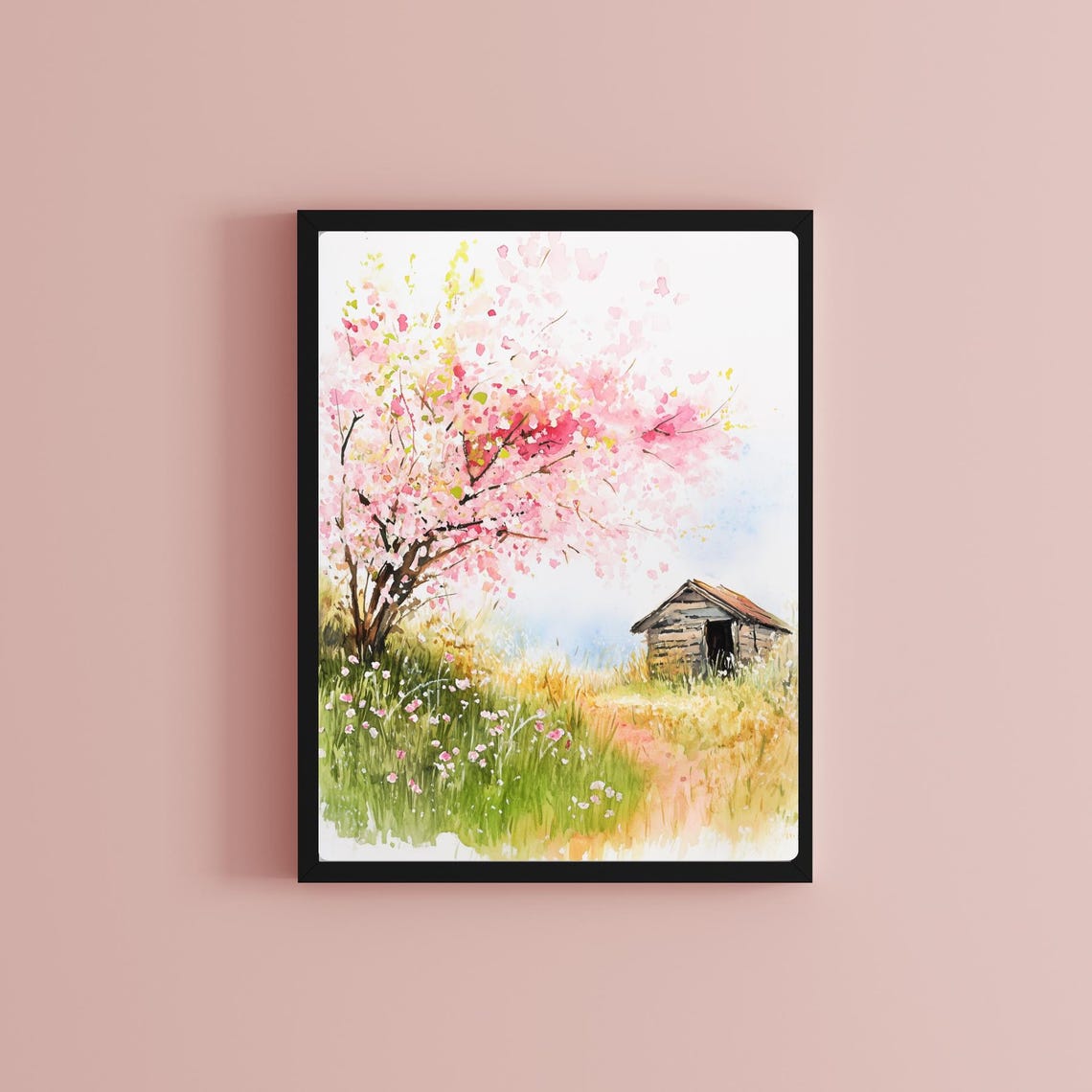 Pink Cherry Blossom Tree in Bloom Beside a Rustic Wooden Shed Print - Image 2