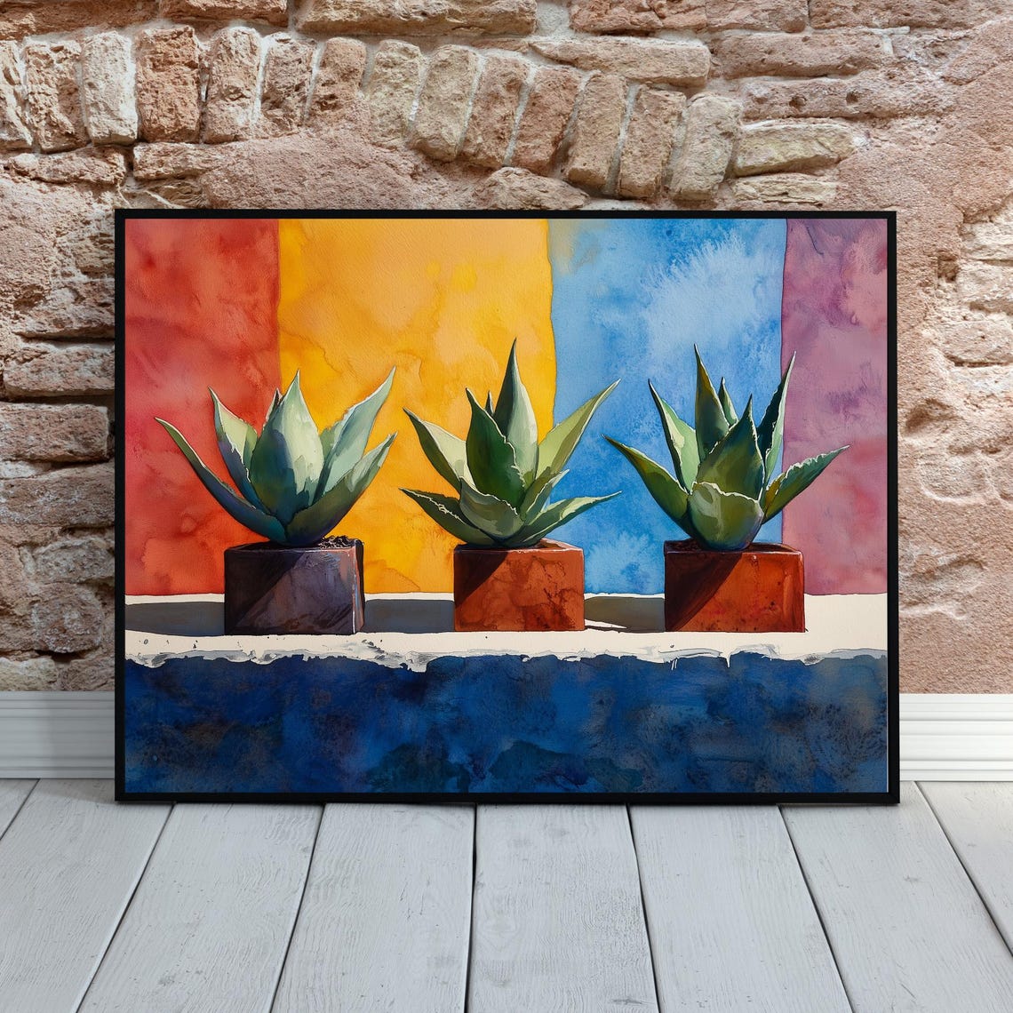 Three Potted Agaves Bold Color Block Watercolor Botanical Wall Poster - Image 5