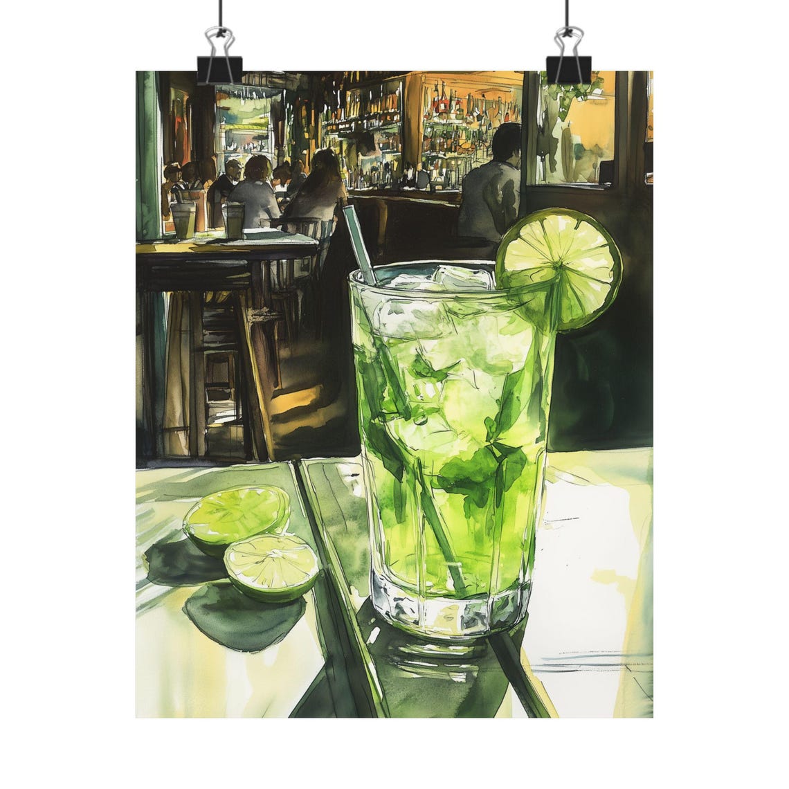 Fresh Mojito Cocktail with Lime and Mint in a Lively Bar Scene Poster